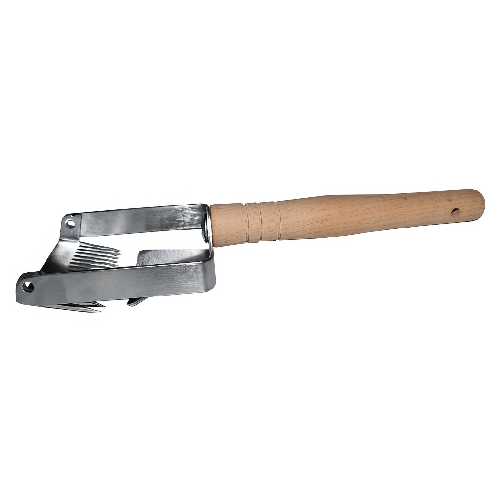 Stainless steel uncapping fork with guiding blade